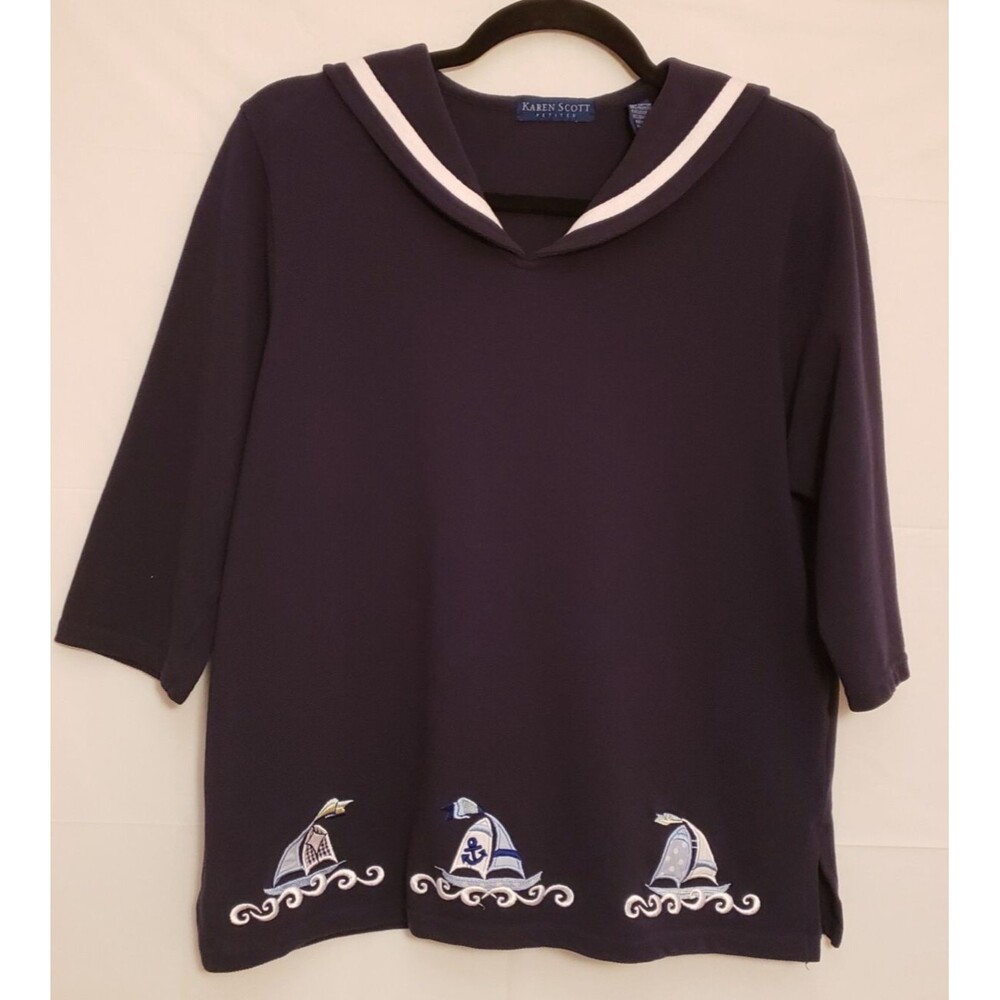 Women's Karen Scott Navy Blue Coastal Granny Sailor Collar Top Sz L PO Good